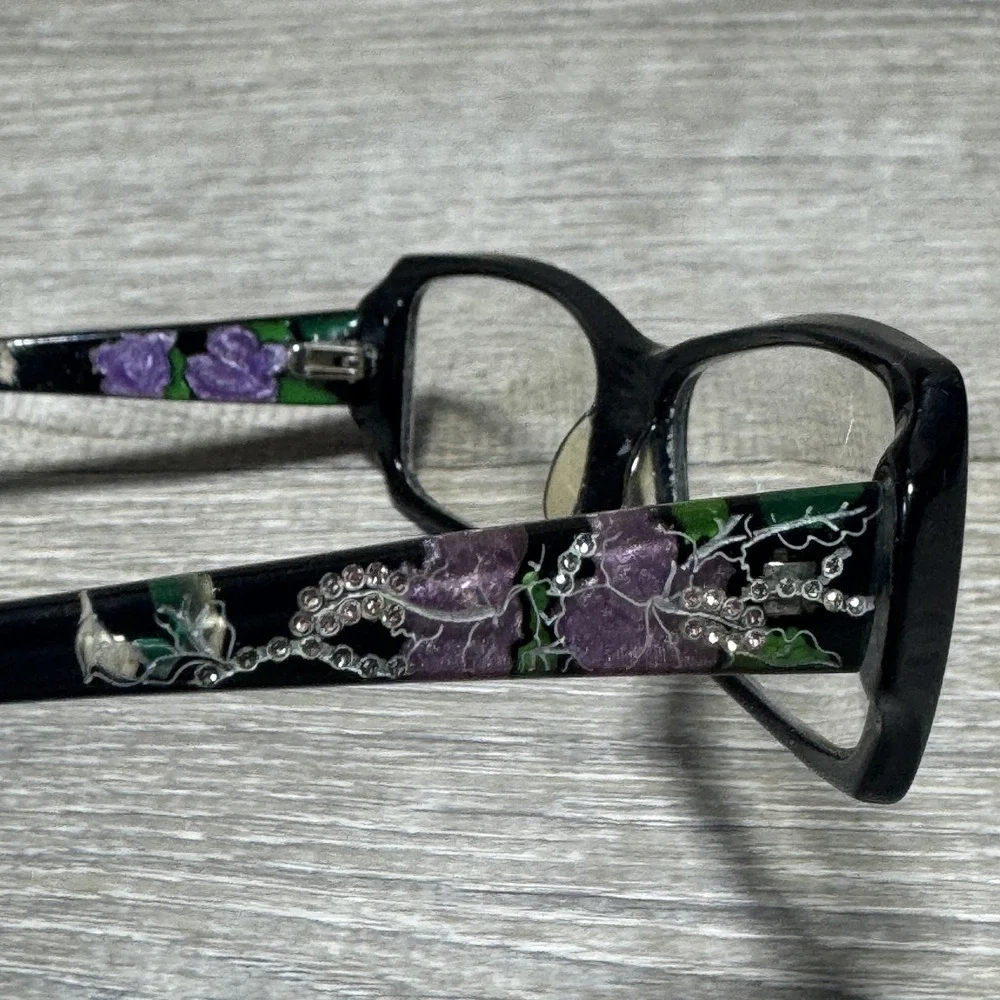 Leiber Black Floral Rectangular Eyeglasses Women‎ 52mm Handmade Italy Full Rim